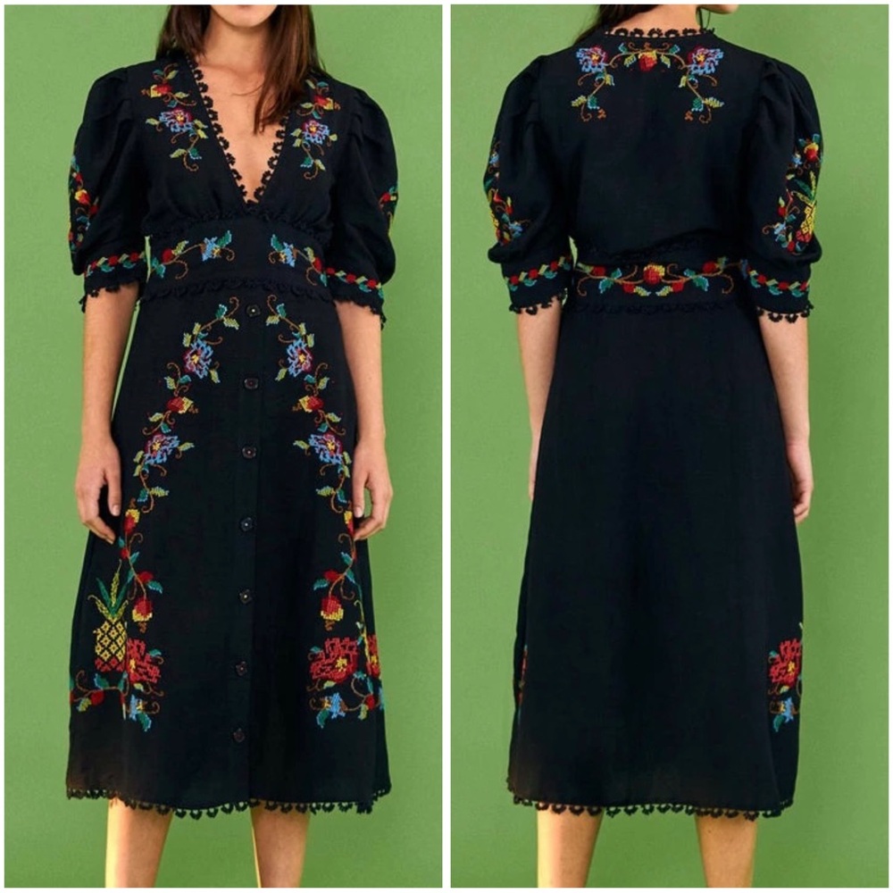 FARM Rio Black Midi Dress with Vibrant Patterns